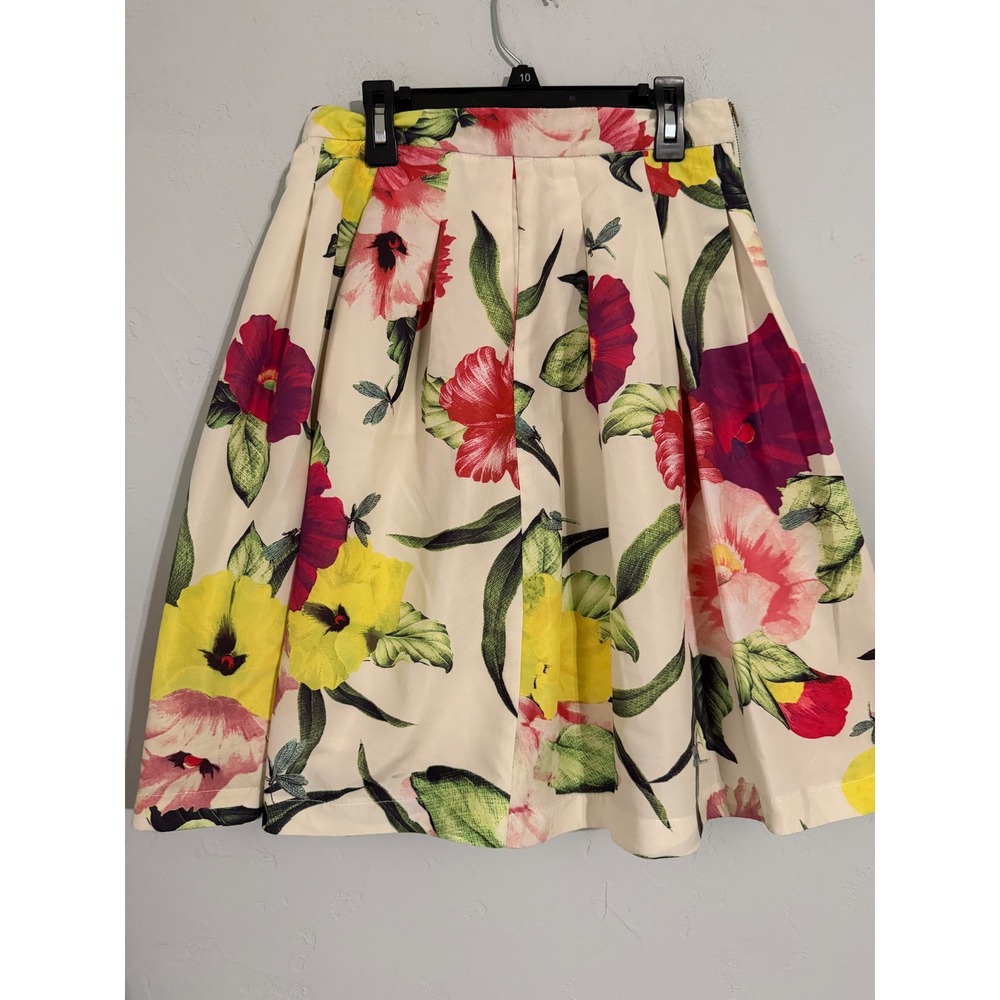 Beulah Style Floral Pleated A-Line Midi Skirt Cream Red Yellow Tropical CS8007 M - Picture 2 of 7